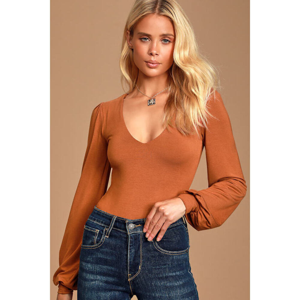 Lulus Basics Kaylene Rust Orange V-neck Balloon Sleeve Bodysuit - Size S